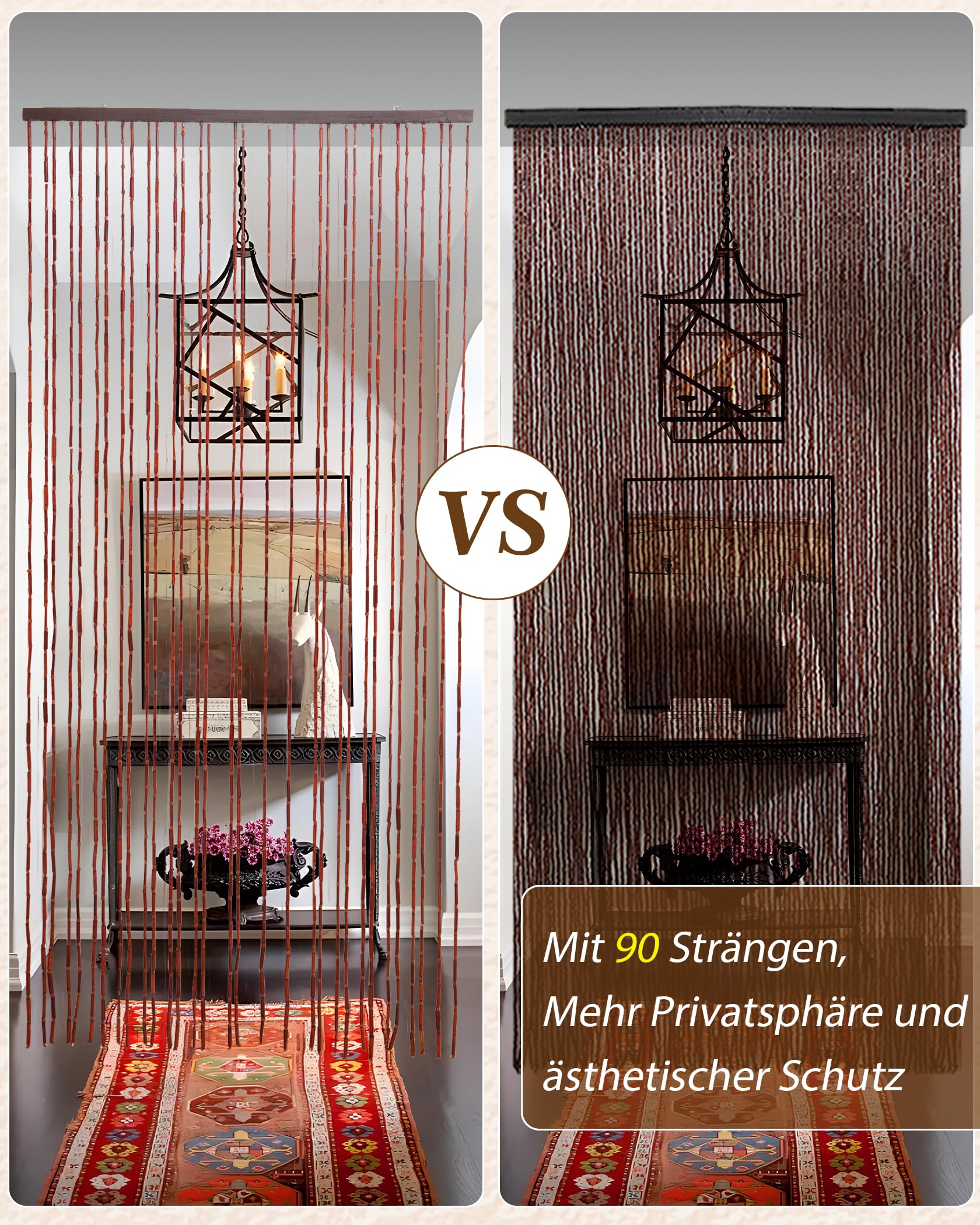 90x200cm Holz Perlenvorhang - 90 Stränge Braun Retro Holzperlenvorhang - Handarbeit Natur Türvorhang Fadenvorhang als Insektenschutz Fliegenschutz für Schlafzimmer Wohnwagen Camping