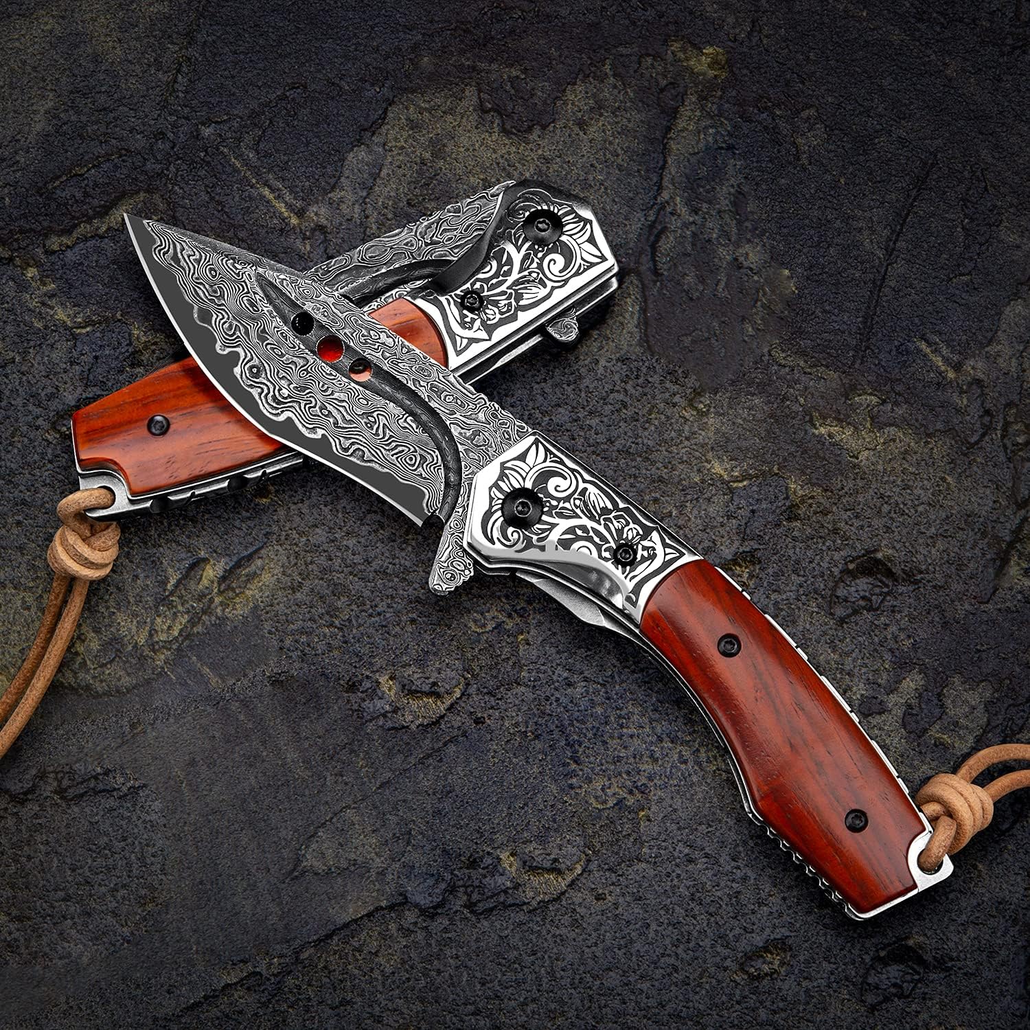 Japanese Damascus Steel Pocket Knife – 3.1in Tanto Folding Blade, Rosewood Handle Liner Lock, Leather Sheath – Handmade EDC for Men Camping