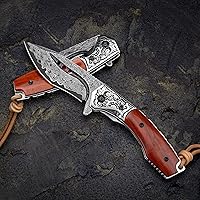 Vista 2 de Cuchillo de bolsillo plegable de acero de Damasco hecho a mano con funda de cuero, mango de palisandro con bloqueo de forro, cuchillos EDC de 3.1