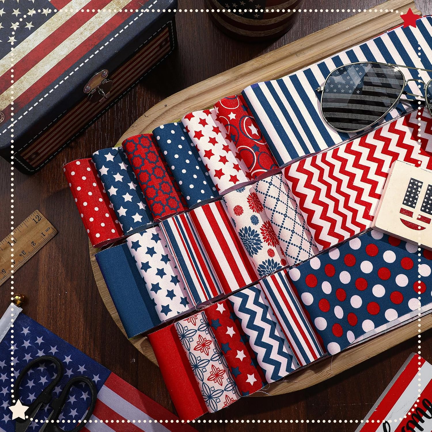 Ganeen 100 Pcs Patriotic Quilting Fabric Roll 2.56 Inch Retro 4th of July Fabric Squares Jelly Patchwork Precut Strips Bundles for Memorial Day Holiday Materials Craft DIY Sewing Cloths