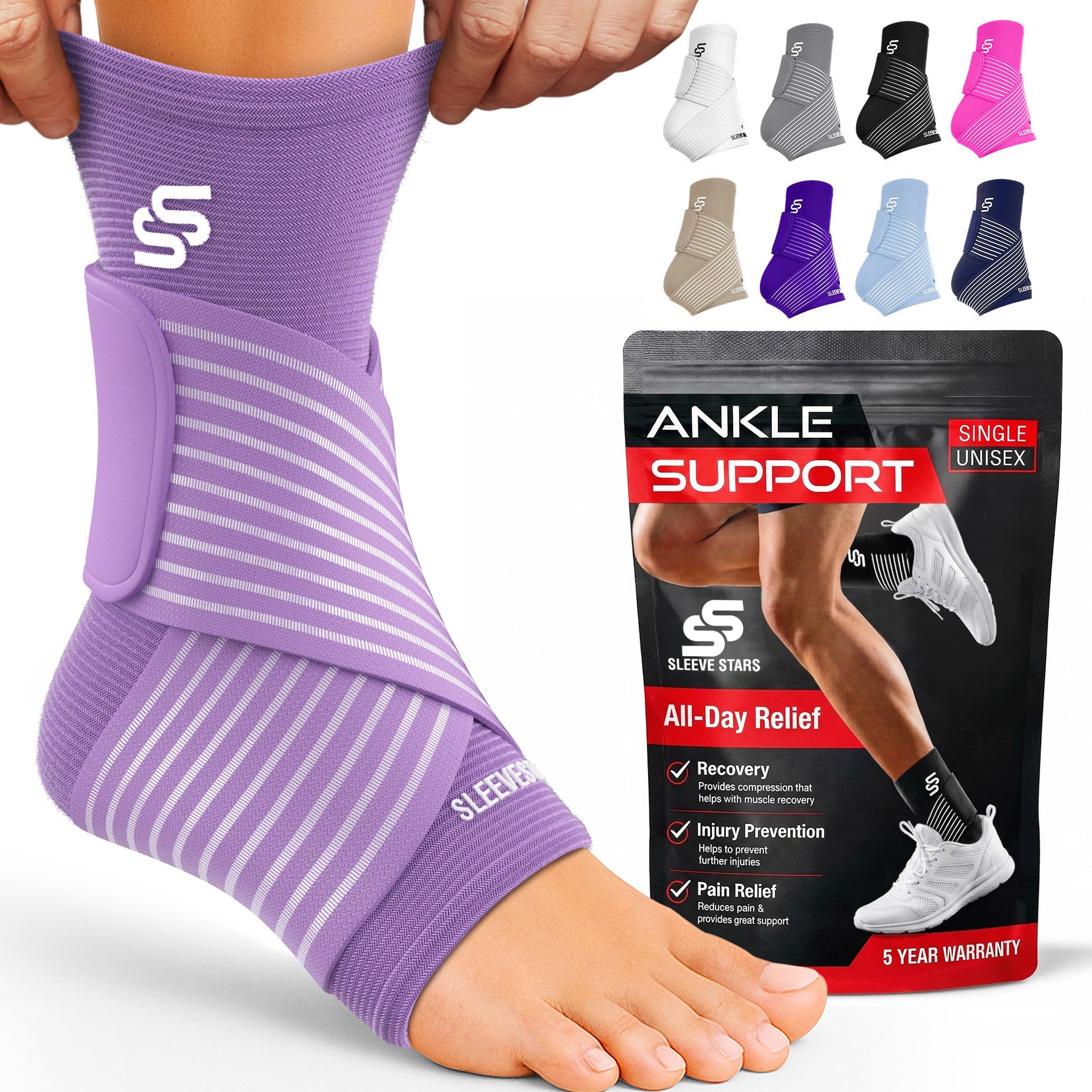 Sleeve Stars Ankle Brace for Women & Men, Ankle Wrap for Sprain, Compression Sleeve for Plantar Fasciitis Relief, Easy Customizable Support: w/Removable Strap (Pair/M:10"-12"/Light Purple)
