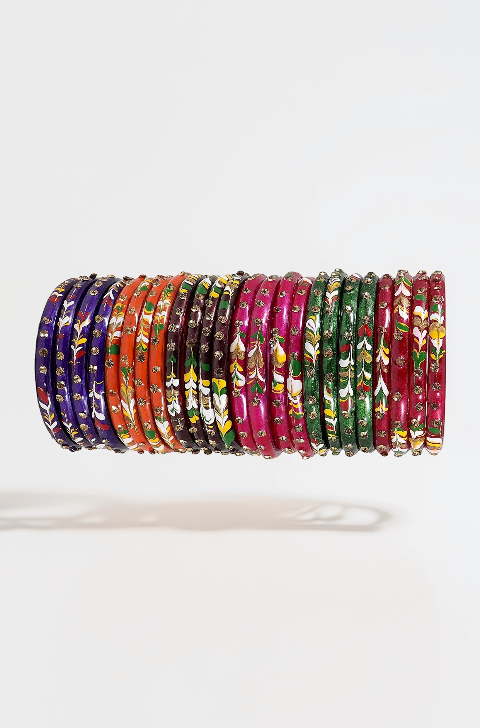 Glossy Finished Glass Bangles Set Studded with Zircon Gemstone For Women and Girls