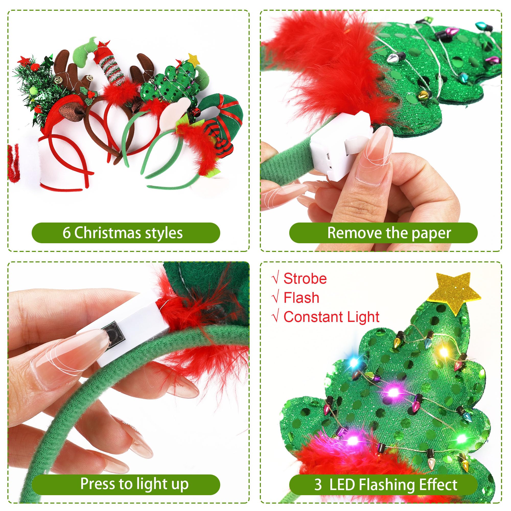 Aodaer Lot de 6 bandeaux de Noël à LED assortis pour sapin de Noël et renne