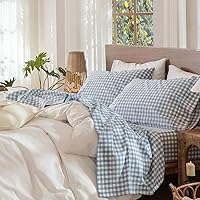 Vista 39 de MooMee – Juego de sábanas Gingham 100% algodón lavado con textura parecida al lino transpirable suave con bolsillo elástico de 16-19" de profundidad