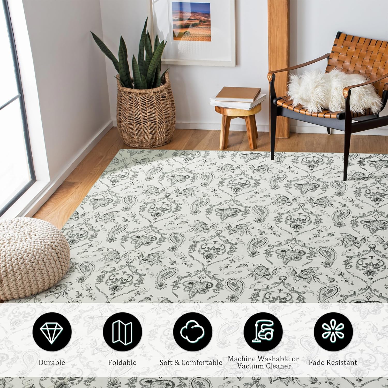 MABOZOO Boho Area Rug, Bohemian Non-Slip Living Room Carpet, Soft ‎Stain Resistant Home Decor Carpet for Bedroom, Kitchen, Dining Room (Black, 5'x7')