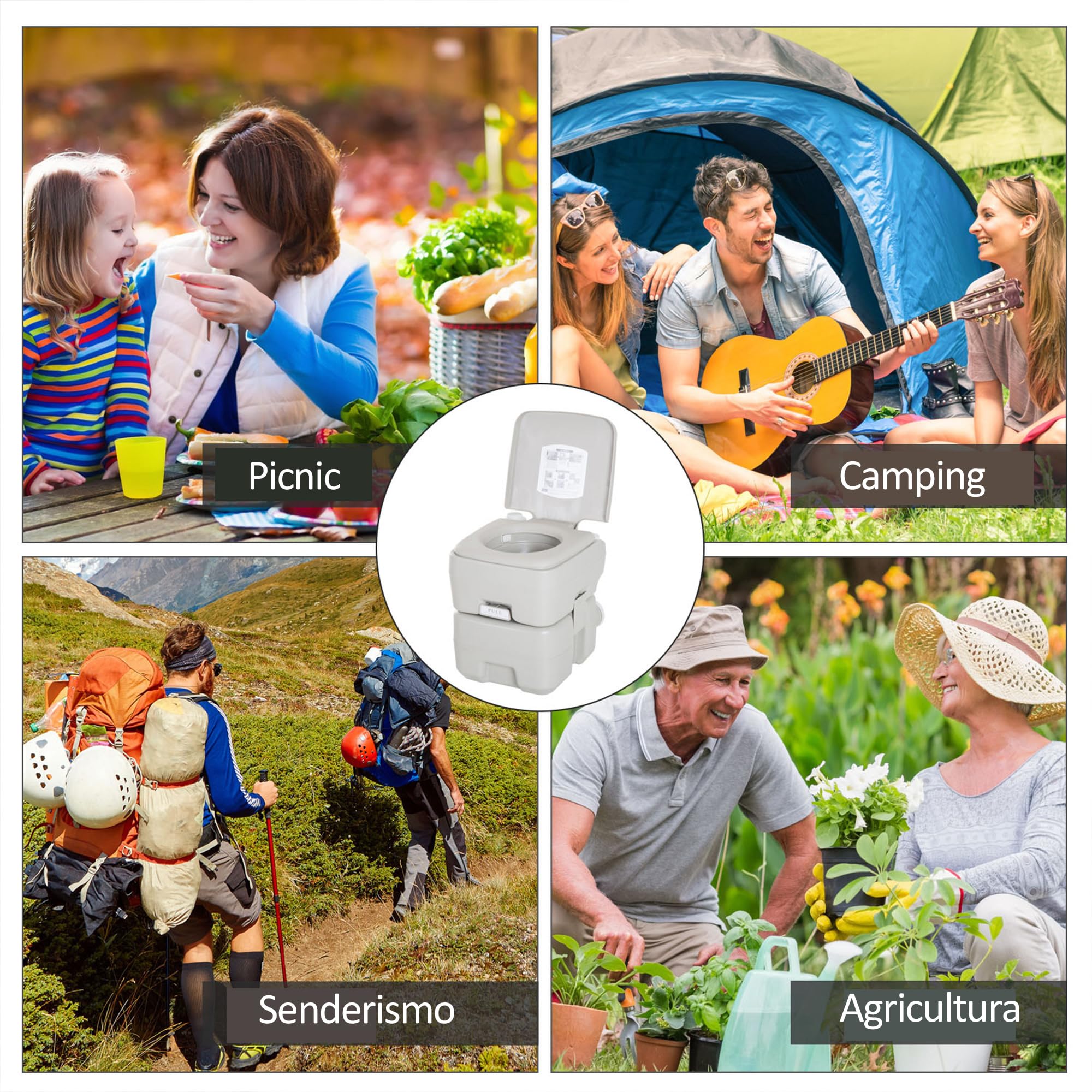 HOMCOM Inodoro Portátil Químico Baño Móvil WC 20L con Extraíble Tanque de Aguas Residuales y Tanque de Agua para Camping Viaje Ancianos Caravana Barco con Cisterna Carga 147 kg 41,5x36,5x42 cm HDPE
