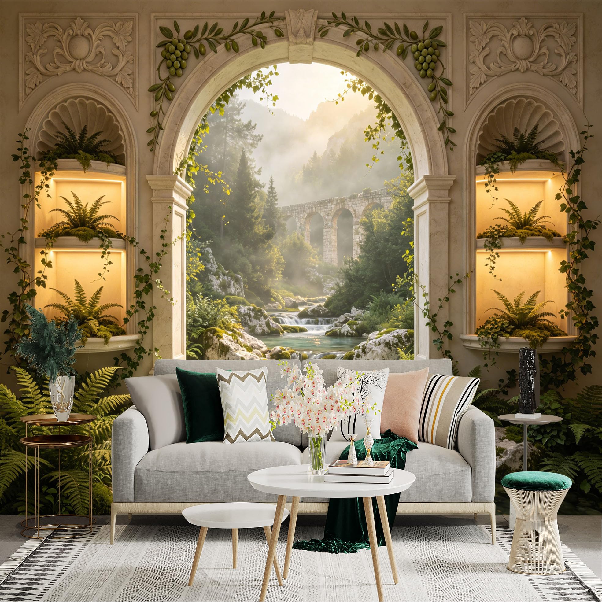 Custom Size Wall Sticker Mural， Stone Arch with River， Waterfall， Forest and Ancient Bridge， for wall Decoration， peelandstick wall Decals.