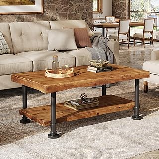 Farmhouse Coffee Table, Wood Coffee Table with Storage, 2-Tier Live Edge Shelf, Metal Legs, 47" Rectangle Center Table for Living Room, Lounge, Brown and Black