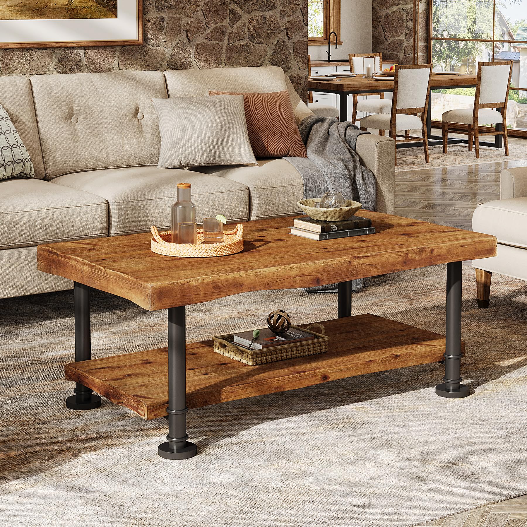 Tribesigns Meseta de Centro Estilo Granja, Mesa de café de Madera con Almacenamiento, Estante de 2 Niveles con Borde Vivo, Patas de Metal, Mesa Central Rectangular de 47" para Sala de Estar, salón