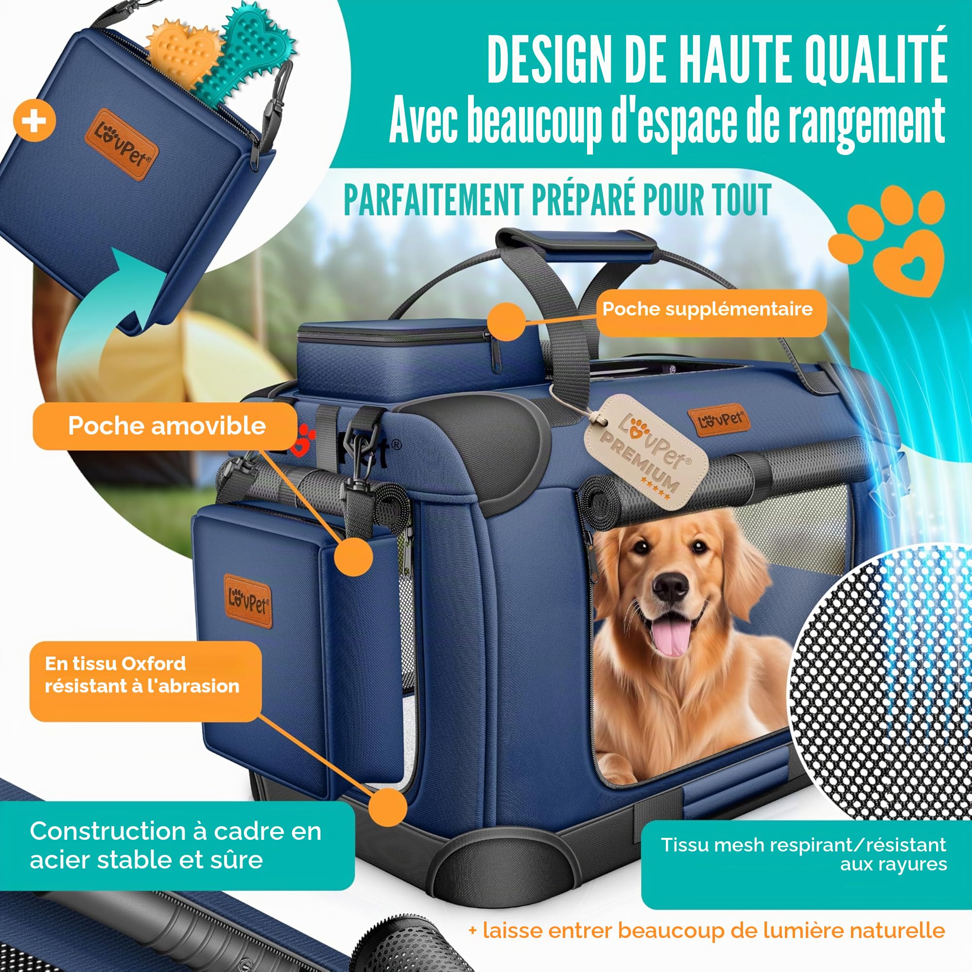 Lovpet® Boîte de transport pliable pour chien avec gamelle, XXL, 91,4 x 63,5 x 63,5 cm - Sac de transport pour animaux de compagnie, chiens et chats - Bleu marine