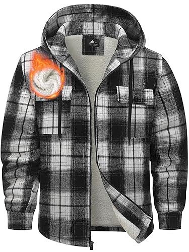 Mens Flannel Hoodie Jacket Fleece Lined Flannel Shirt Plaid Zip