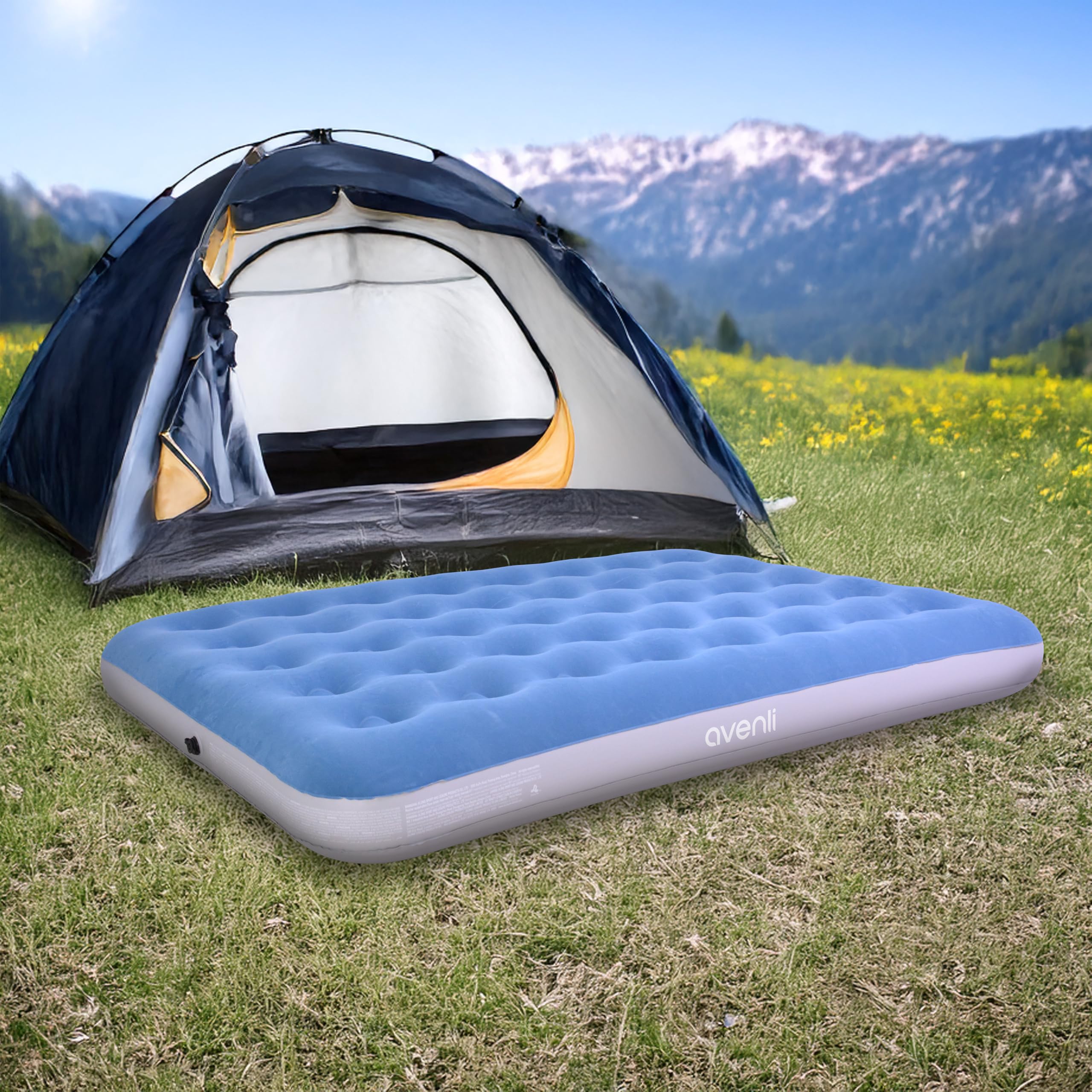 AVENLI Materasso Gonfiabile Da Campeggio 2 Persone – 203x152x22 Cm, Set Con Pompa A Mano E 2 Cuscini, Superficie Floccata