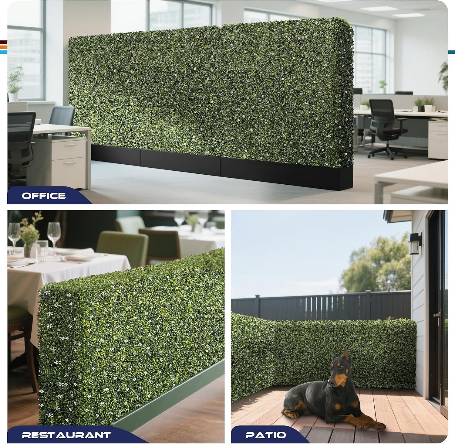 Windscreen4less 108Wx54Hx6D inches Artificial Boxwood Hedge Wall, Green Plant Fake Grass Background Partition, Outdoor Privacy Wall for Indoor, Garden, Party Decoration (White Flowers Included)