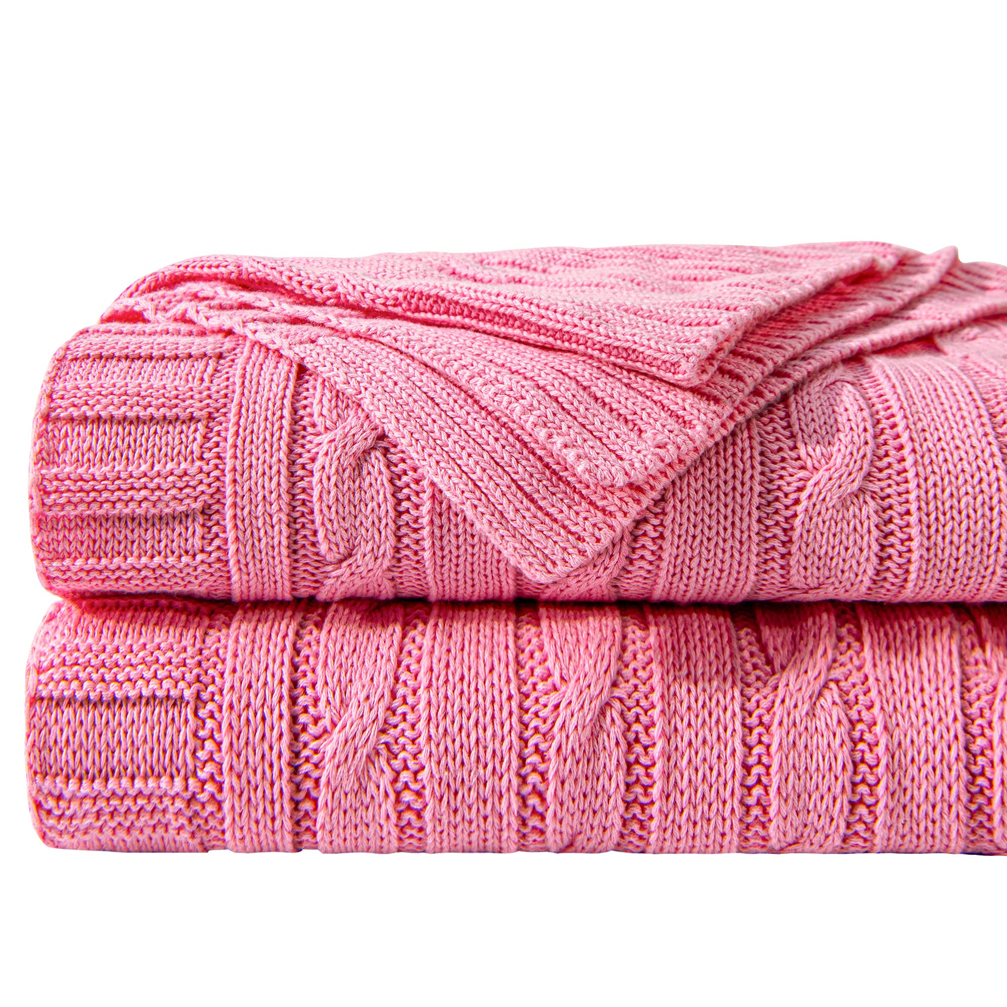 NTBAY 100% Pure Cotton Cable Knit Throw Blanket, Super Soft Warm 51x67 Knitted Throw Blanket for Couch, Sofa, Chair, Bed - Extra Cozy, Machine Washable, Comfortable Home Decor, Pink