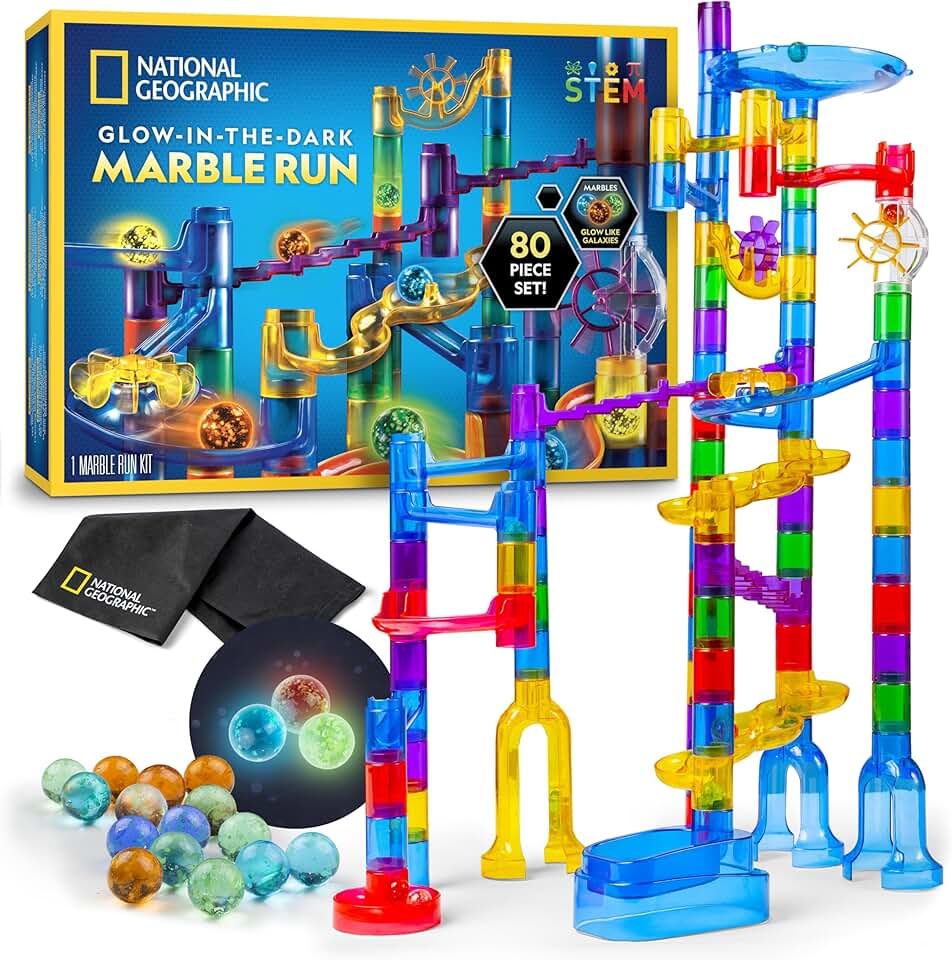 NATIONAL GEOGRAPHIC Glowing Marble Run – 建築套裝，含 15 個夜光玻璃彈珠和儲物袋，適合男孩和女孩的 STEM 禮物，建築項目玩具（亞馬遜獨家）