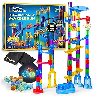 NATIONAL GEOGRAPHIC Glowing Marble Run – Construction Set with 15 Glow in The Dark Glass Marbles & Storage Bag, STEM Gifts for Boys and Girls, Building Project Toy (Amazon Exclusive)