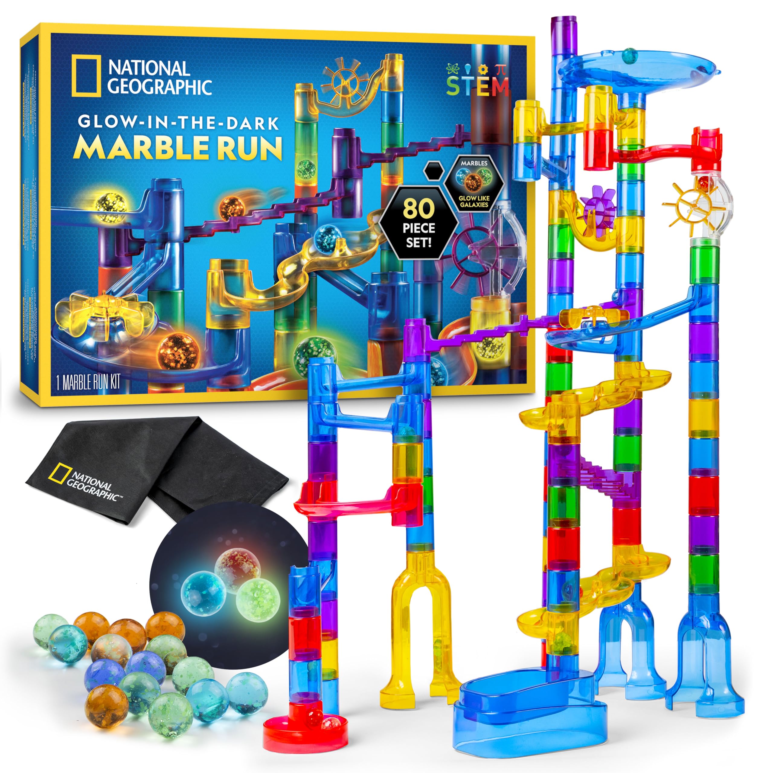 National Geographic Glowing Marble Run Construction Set with 15 Glow in The Dark Glass Marbles, Mesh Storage Bag and Marble Pouch (80 Piece)