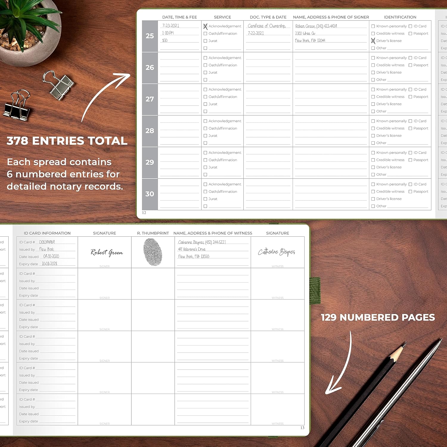 Clever Fox Notary Journal – Horizontal Notary Public Journal of Notarial Acts – Hardcover Notary Log Book – Notary Supplies – 378 Record Entries, Numbered Pages, Hardcover, 10”x7” (Olive)
