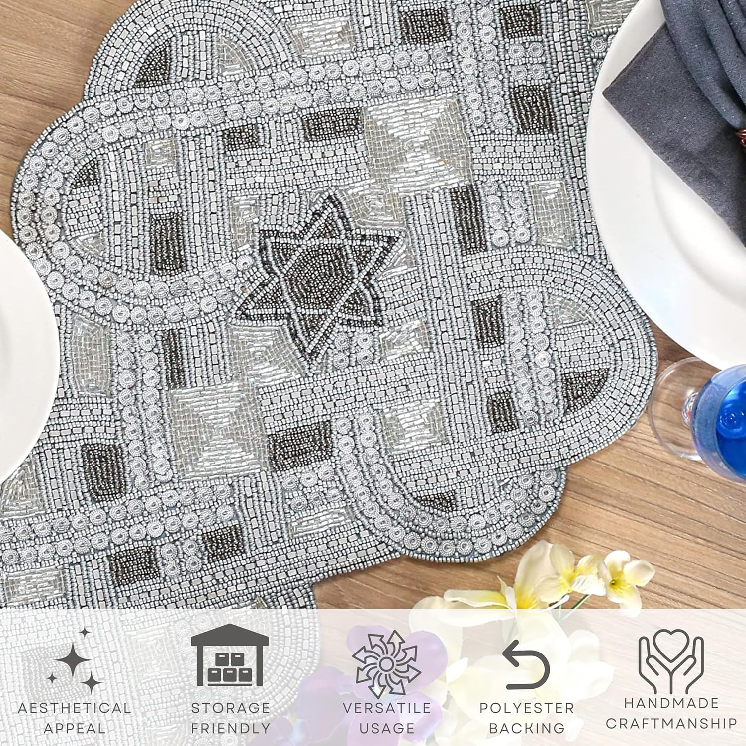 Glitz Beaded Runner 36 inch 36" - Handmade Decorative Farmhouse Accent for Dining, Coffee Table, Wedding, Christmas - Elegant Glass Beads, Non -Slip (Gray & Silver) - ALPHA Living HOME