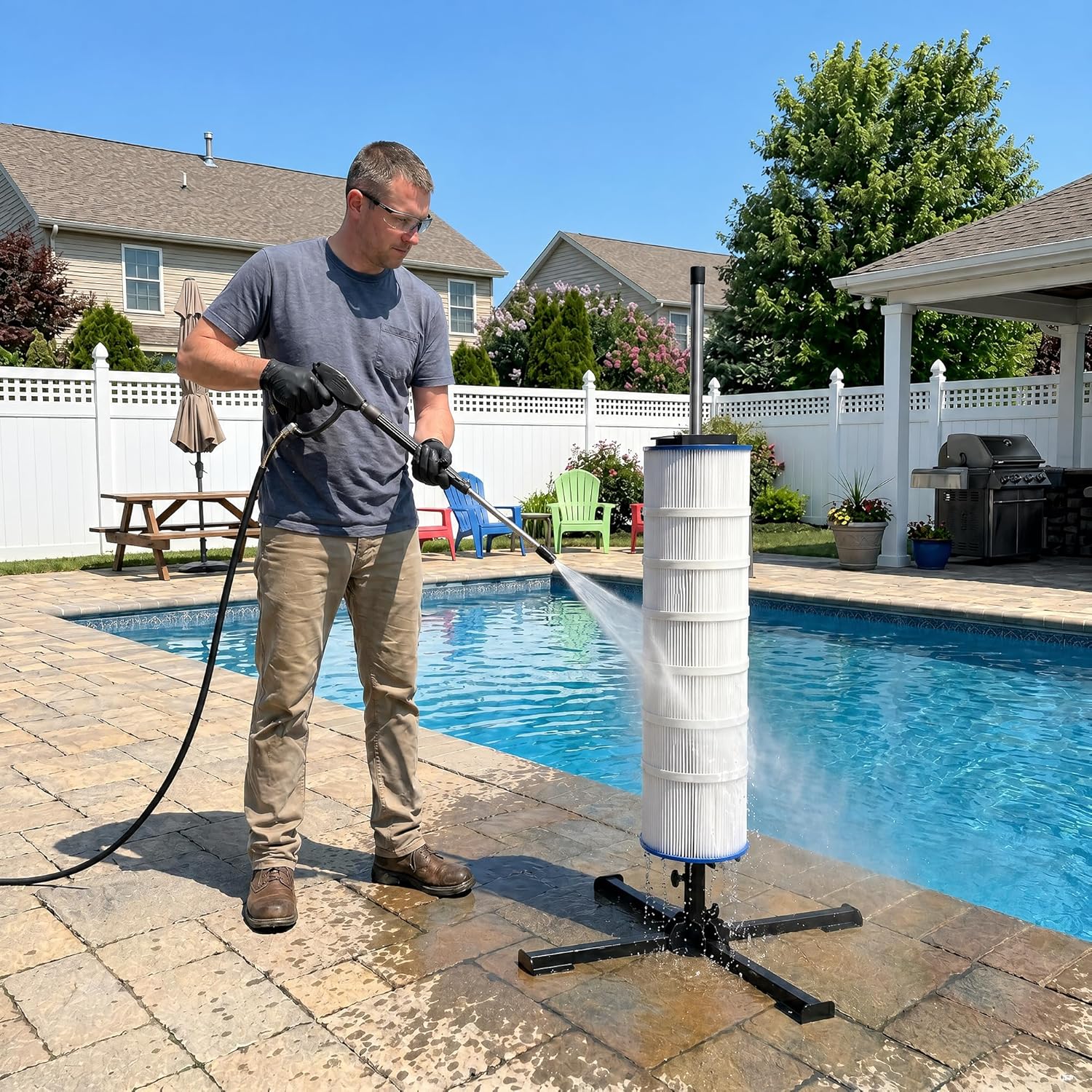 Pool Filter Cleaner Spinning Stand Tool, Rotating Pool Filter Cleaning System for 3", 4", 6" Swimming Pool Cartridge Filter, Includes Waterproof Gloves & Storage Bag
