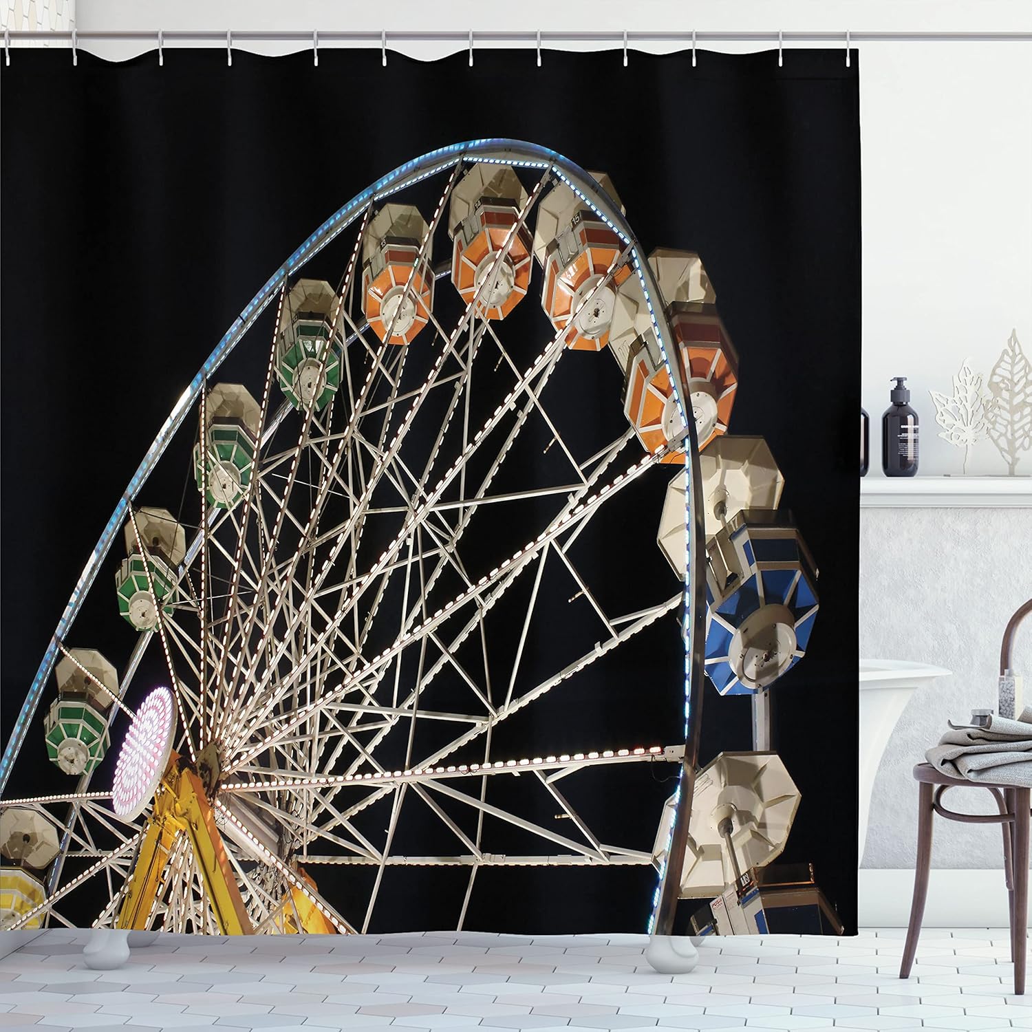Lunarable Ferris Wheel Shower Curtain, Entertainment in Colorful Amusement Park Ride at Night Carnival, Cloth Fabric Bathroom Decor Set with Hooks, 69" W x 70" L, Black and Multicolor