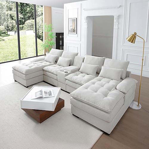 KEIKI 130" U-Shaped 6 seat Sofa with Storage Console, Cup Holders, Upholstered Sectional Sofa, Button Tufted Cloud Cushion Couch for Home, Office, Apartment, Beige