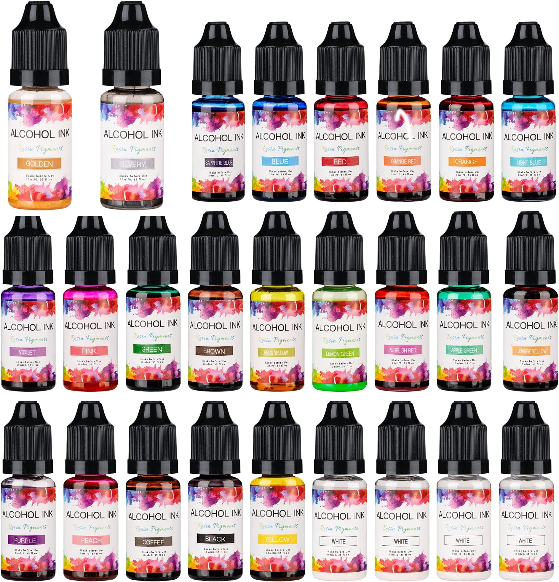 Alcohol Ink Set-26 High Concentrated Alcohol Based Ink, Vibrant Colors Highly Saturated Alcohol Ink for Resin Petri Dish Tumblers Making, Epoxy Resin Painting, Coaster, Alcohol Ink Art 26x10ml/0.35oz