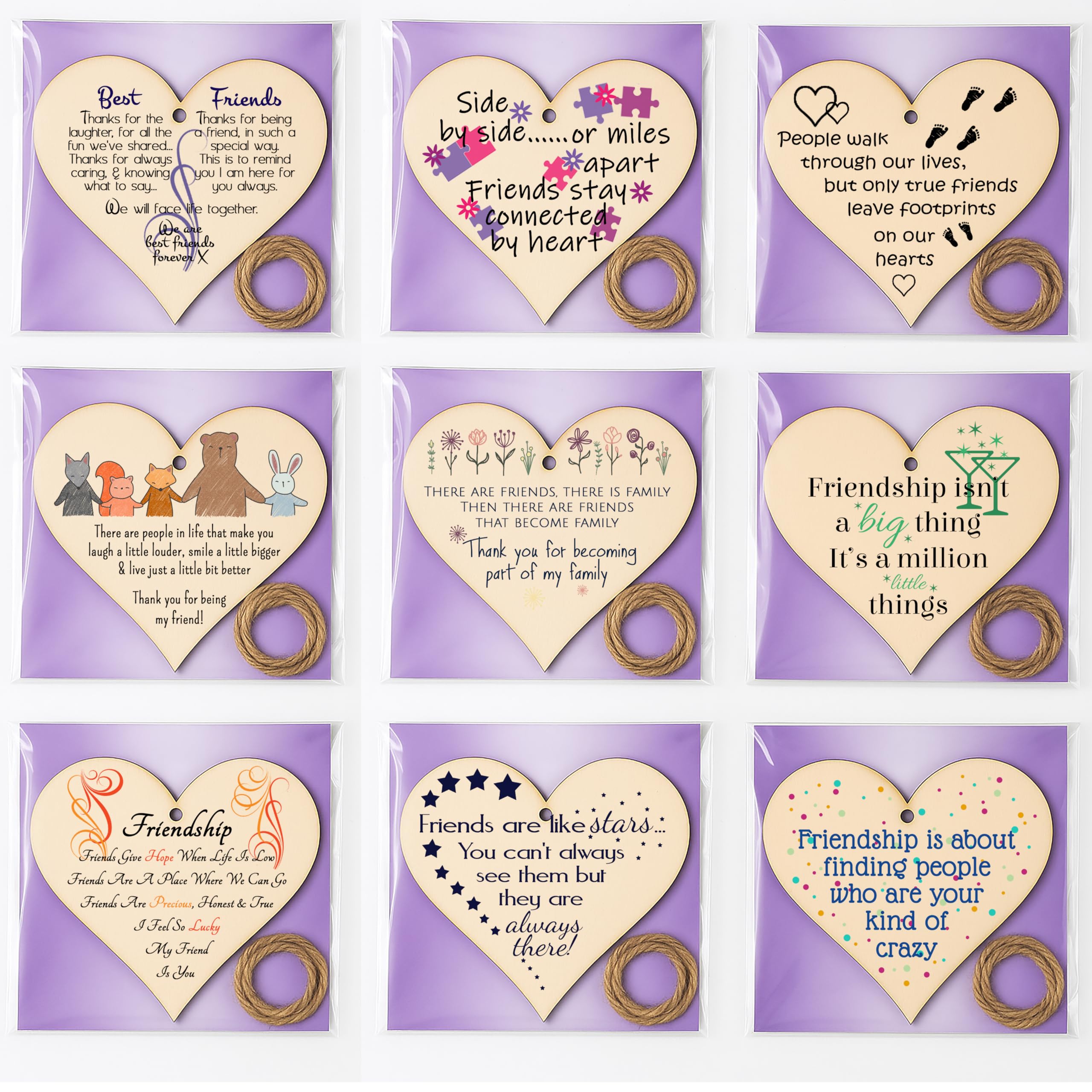 Pack of Friendship Heart Gift Plaques – Build a Bundle Wooden Hanging Signs with Sentimental Messages – Best Friend, Work Friend or BFF Present – Rustic Twine & Ready to Gift Thoughtful Keepsake