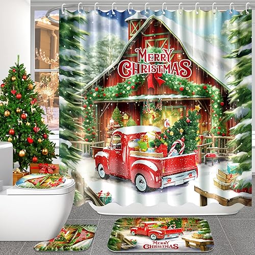 Juego de 4 cortinas de ducha de camión vintage rojo navideño para baño, cortina de ducha roja vintage con alfombras antideslizantes para tapa de