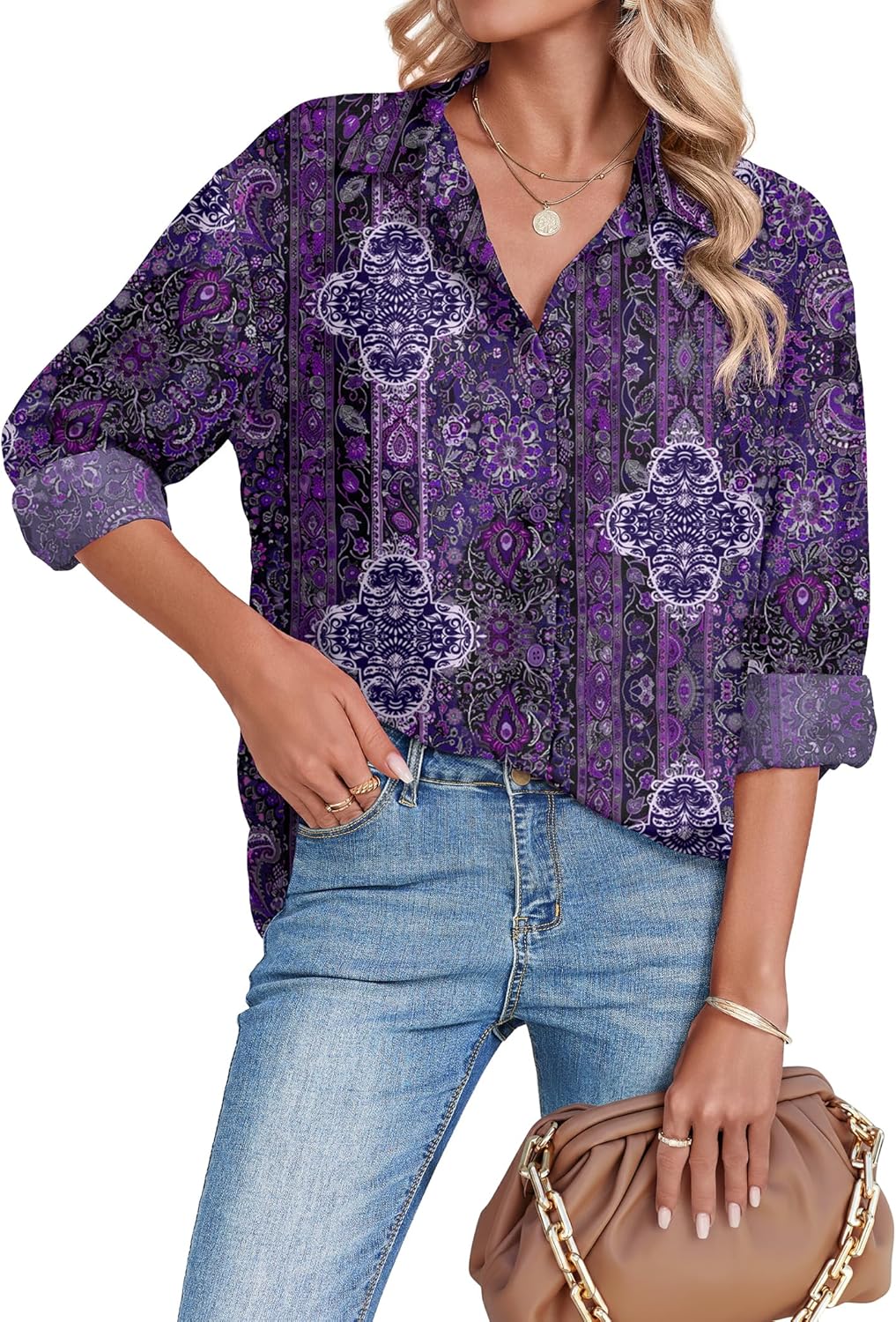 Zeagoo Button Down Shirts for Women Dressy Casual Floral Printed Collared Chiffon Blouse Long Sleeve Business Work Tops - Image 2