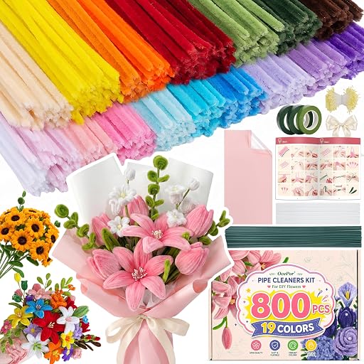 OcePor 800 Pcs Pipe Cleaner Flower Kit, 19 Colors Pastel Pipe Cleaners Bulk, Rainbow Pipe Cleaner Craft with 18 Flowers Instruction, Colorful Chenille Stems, Floral Wire Stems, DIY Making for Arts