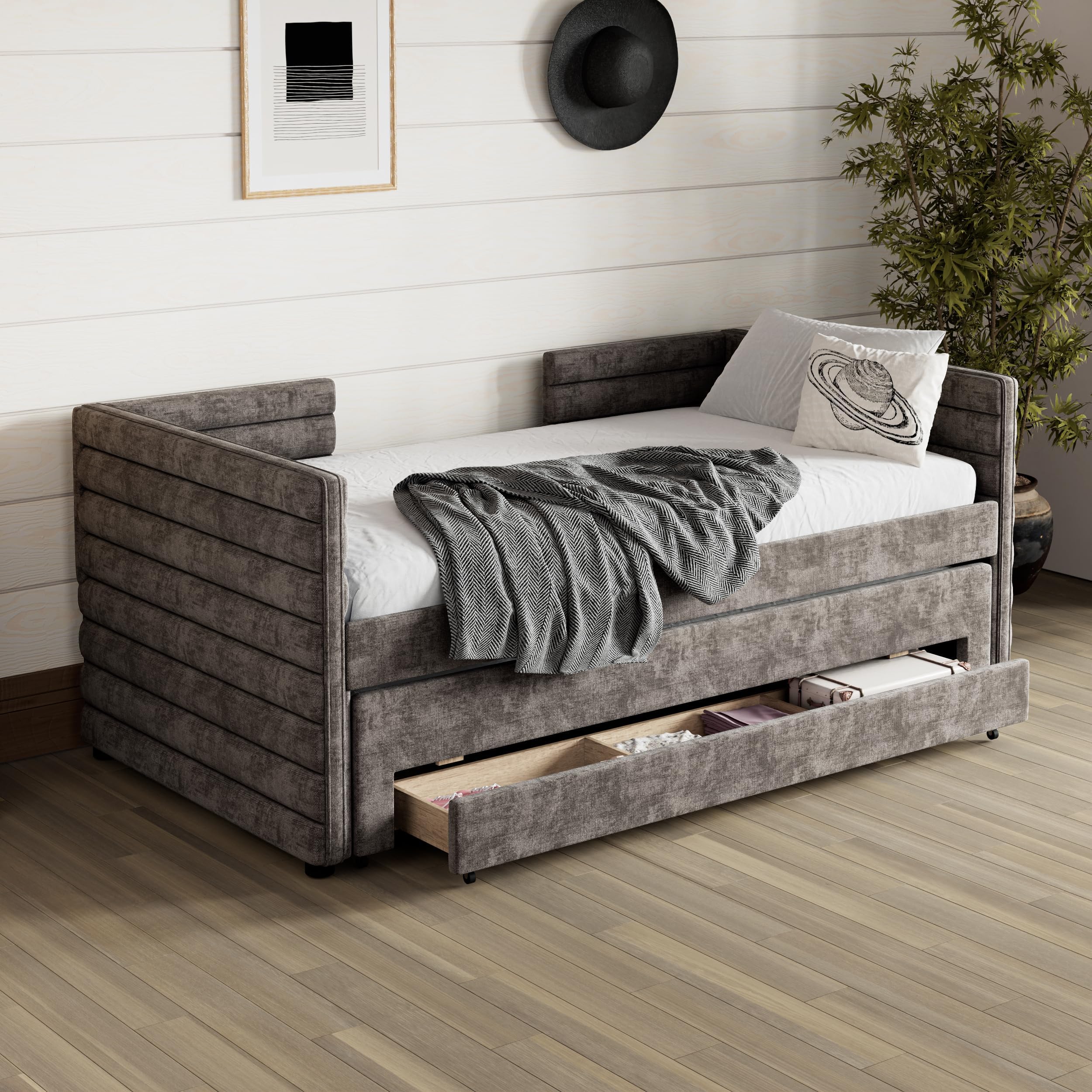Twin Size Upholstered Bed Frame Day Bed with Trundle, Modern Sofa Bed with 3 Drawers for Living Room, Wood Slats Support, Linen Fabric, Gray