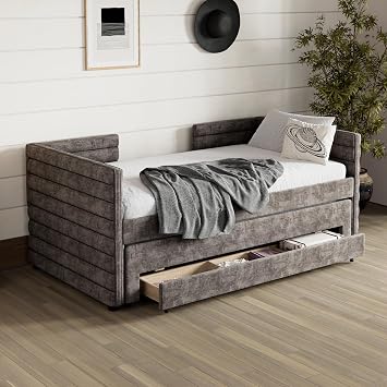 Modern Twin Size Upholstered Daybed with Trundle and 3 Storage Drawers, Chenille Fabric Sofa Bed for Guest Room, Living Room Gray/E