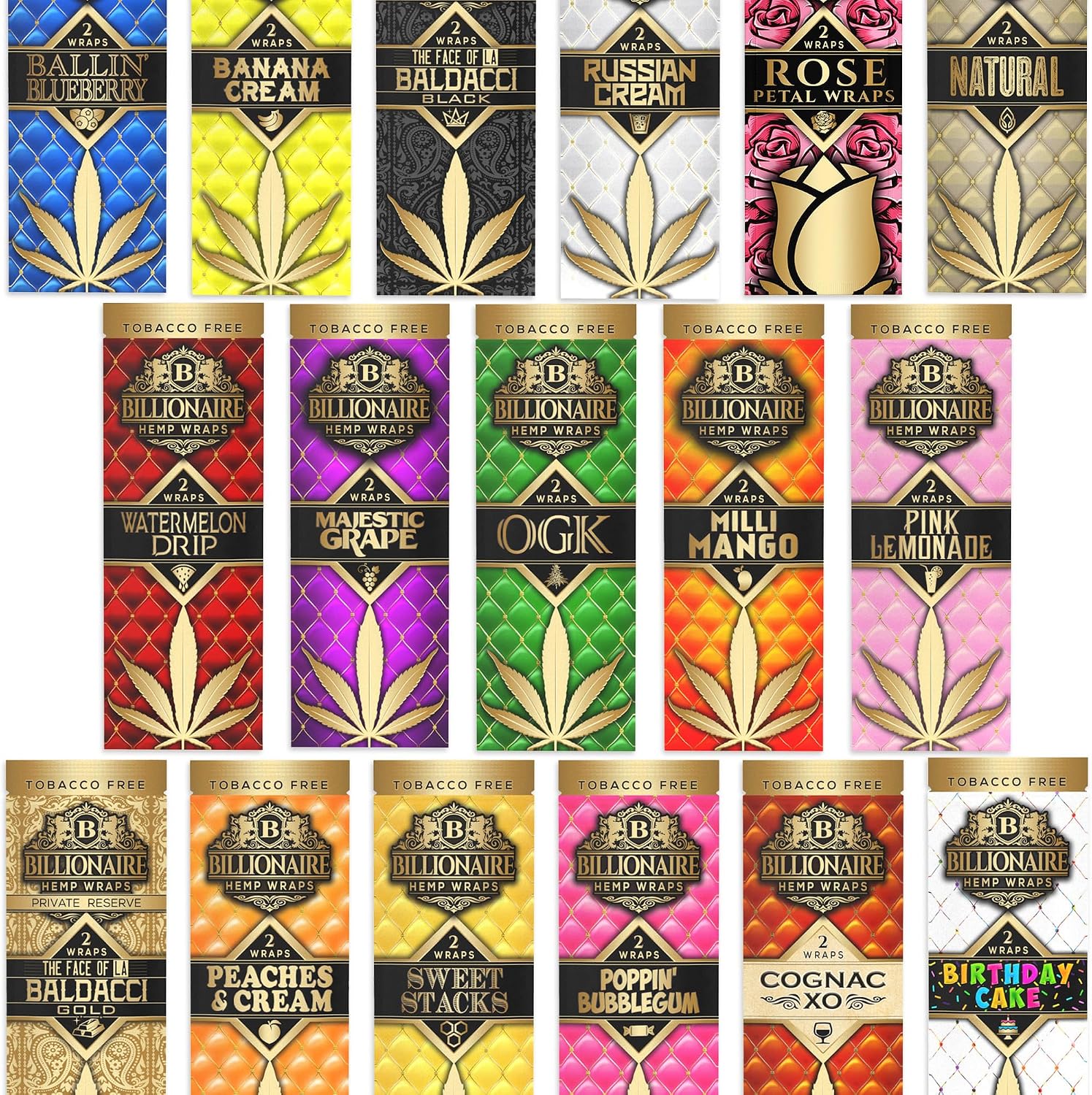 Billionaire Wraps - 30 Pouch Variety Pack! 2 Natural Rolling Papers Per Pack, 60 Total Sheets.