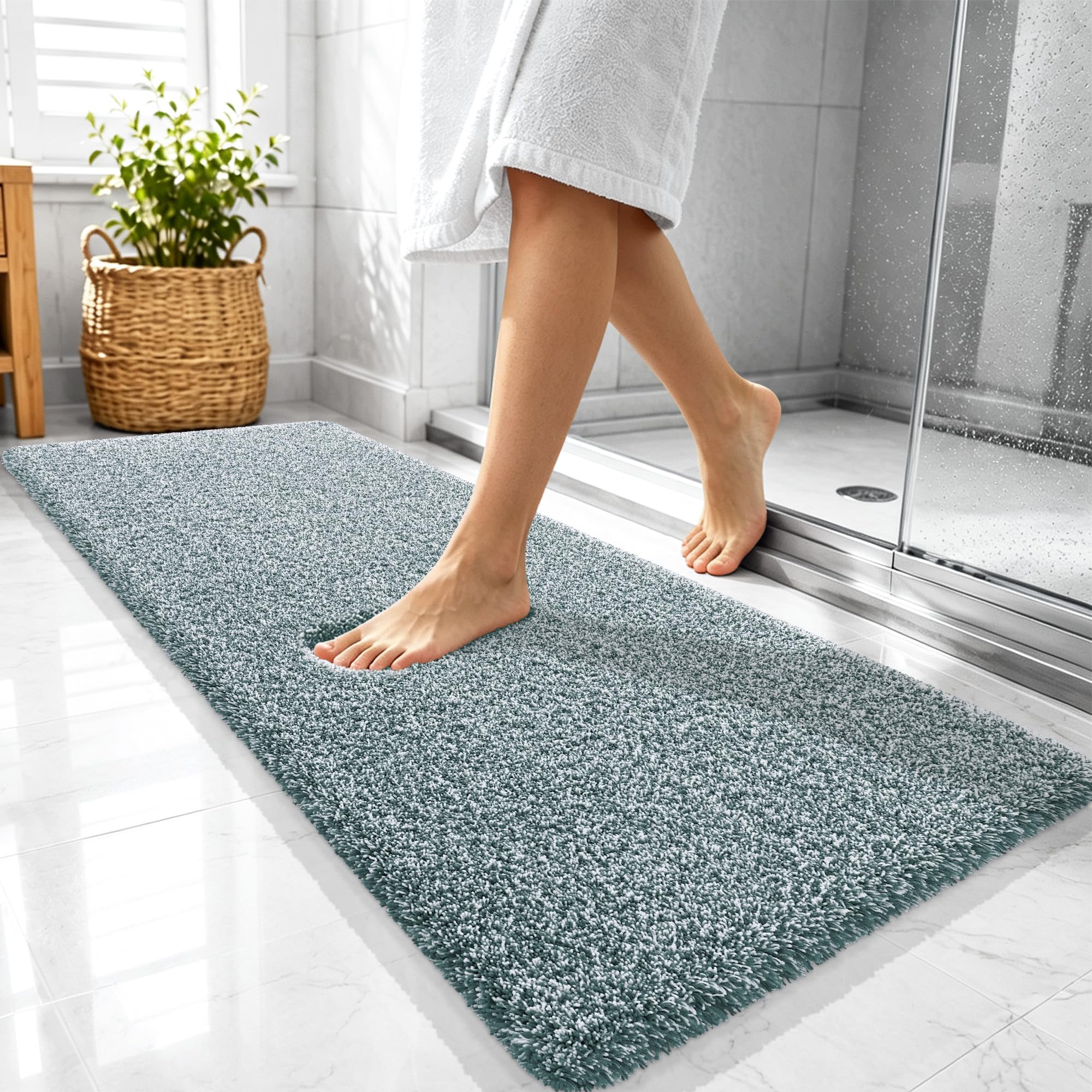 OLANLY Microfiber Bath Rugs - Deep Rose & White -17