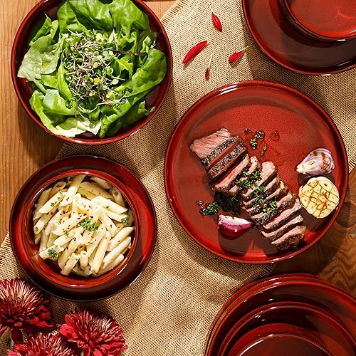 Miniatura 2 de Bloomhouse - Cosas favoritas de Oprah - Juego de platos y cuencos de esmalte reactivo de terracota Santorini Mist - Rojo granate, servicio para