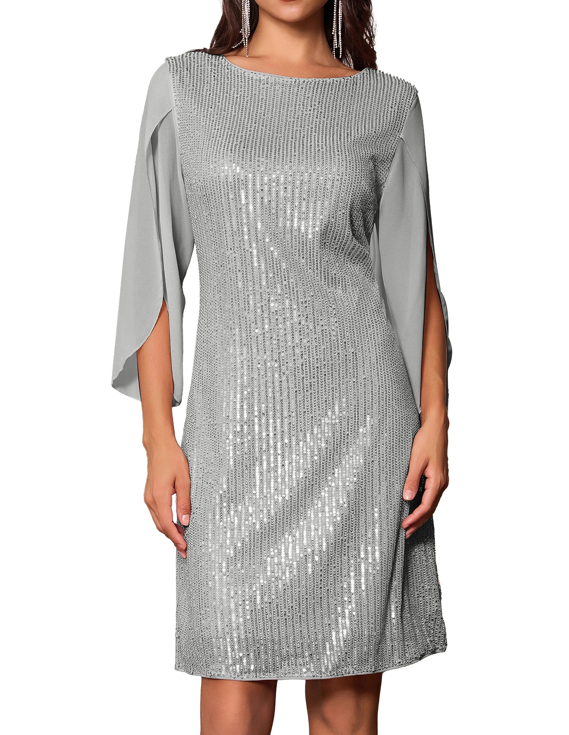 GRACE KARIN Vestido Mujer Vestido Elegante Lentejuelas Manga Gasa Transparente en Cuello Redondo