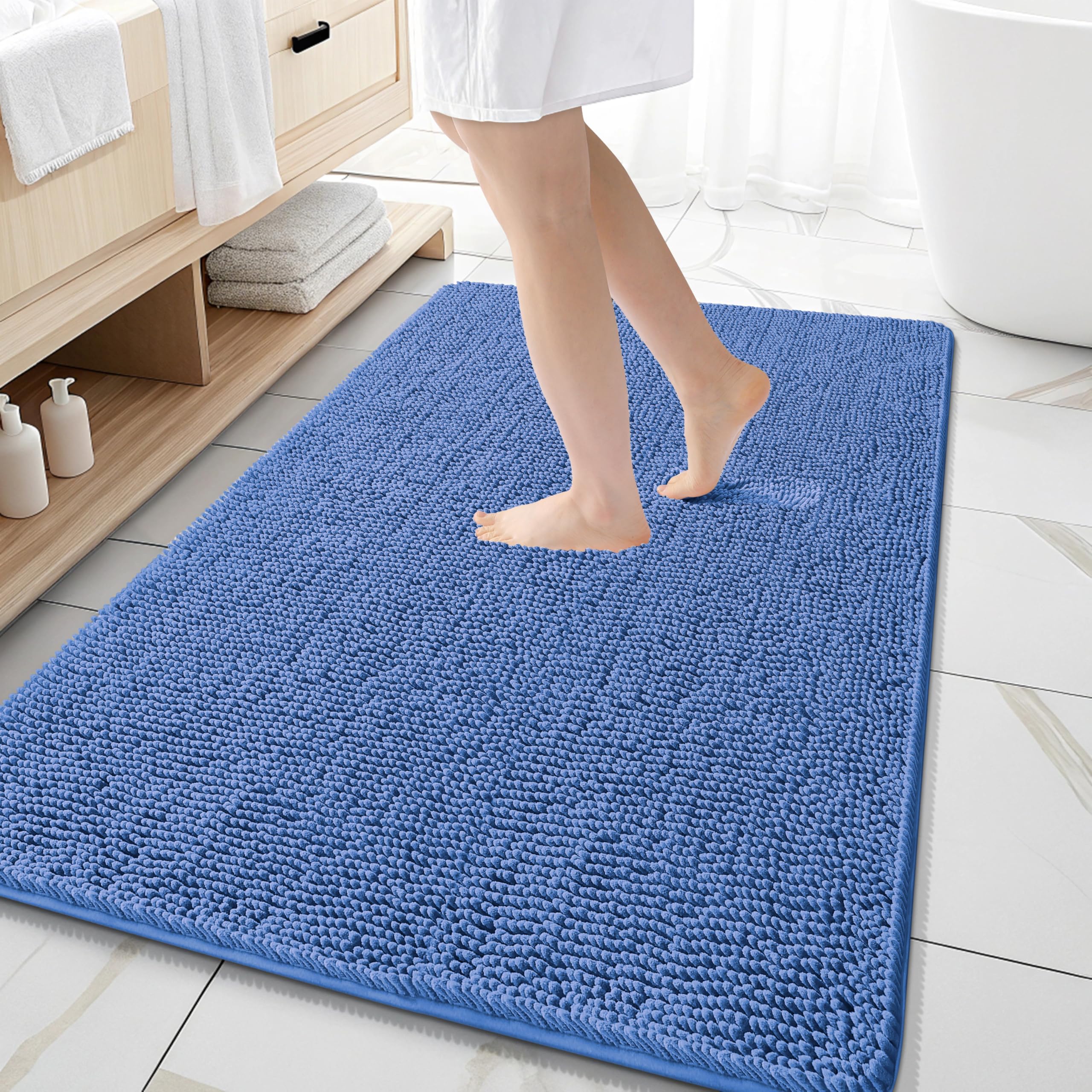 OLANLY Large Bathroom Rugs 59x35, Extra Soft Absorbent Chenille Bath Rugs | Cornflower Blue, Quick-Drying Rubber Backing, Washable Bath Mat for Bathroom Floor, Tub and Shower, Home Decor Accessories