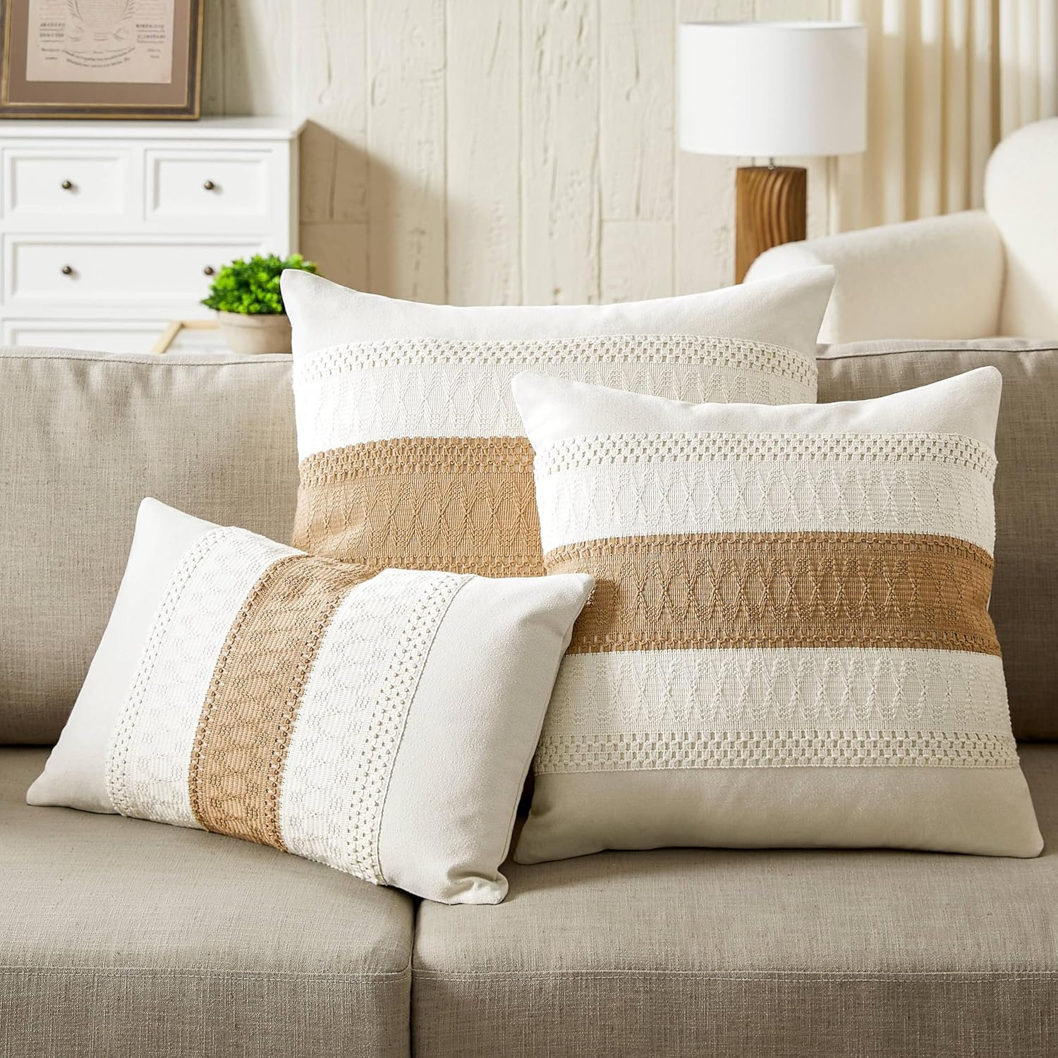 ZeeMart 2 Packs Cotton Boho Throw Pillow Covers 18x18 Inch Contrast Brown, Soft Farmhouse Decorative Couch Pillow Cases Neutral Cushion Covers for Sofa Bed Living Room Home Decor - Image 5