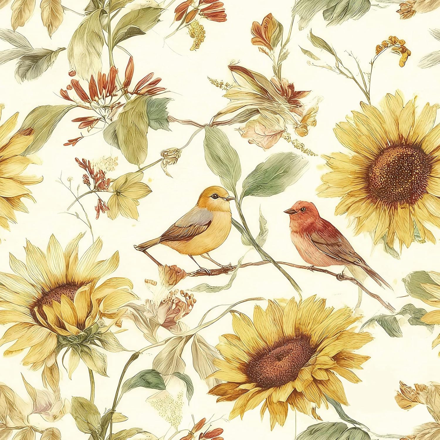 Froluya Sunflower Peel and Stick Wallpaper Floral Birds Contact Paper 16.9” x 118.1” Vintage Floral Wallpaper Peel and Stick Flowers Self Adhesive Removable Waterproof Wall Paper for Bathroom Bedroom
