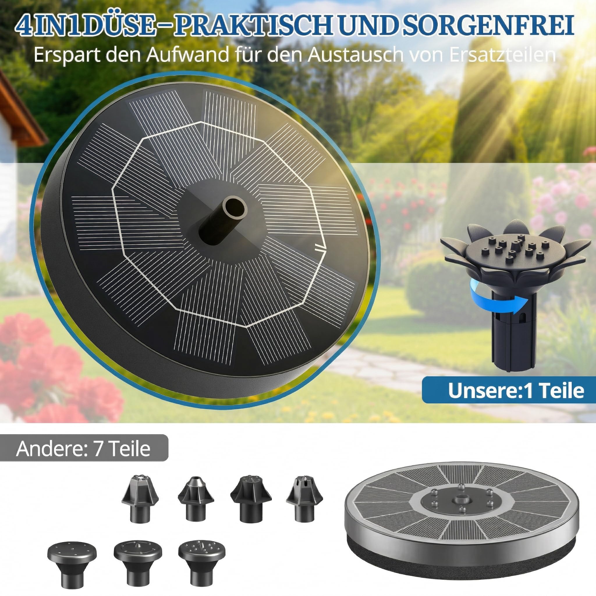 Solar Springbrunnen, Solar Teichpumpe mit Innovative 4-in-1 Düse, 2026 Neueste 1.8W Solarbrunnen, Solar Wasserpumpe Solar schwimmender Fontäne Pumpe für Gartenteich Springbrunnen Vogel-Bad Pool - 4