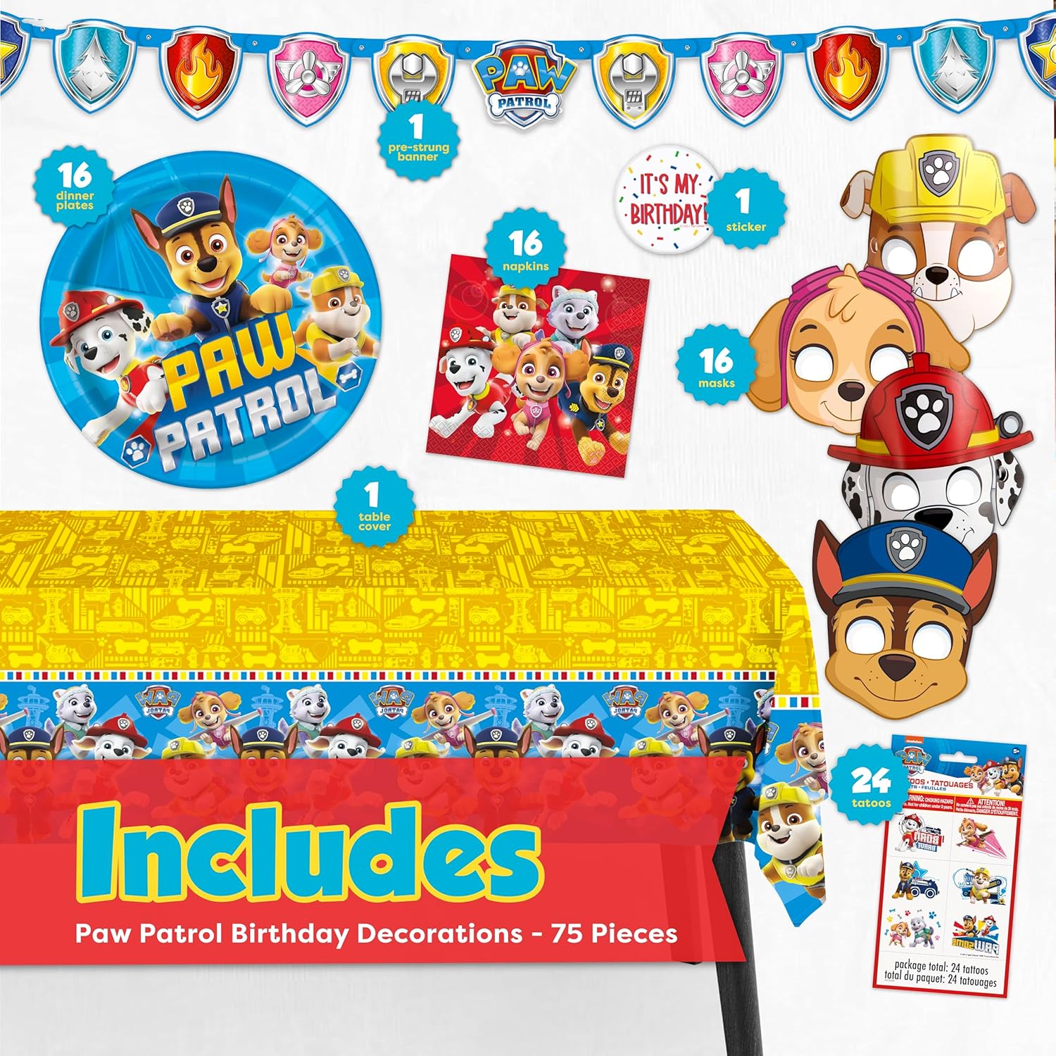 Paw Patrol Birthday Decorations for Party | Serves 16 | Banner, Tablecloth, Plates and Napkins, Tattoo, Mask Party Favors, Sticker | Officially Licensed