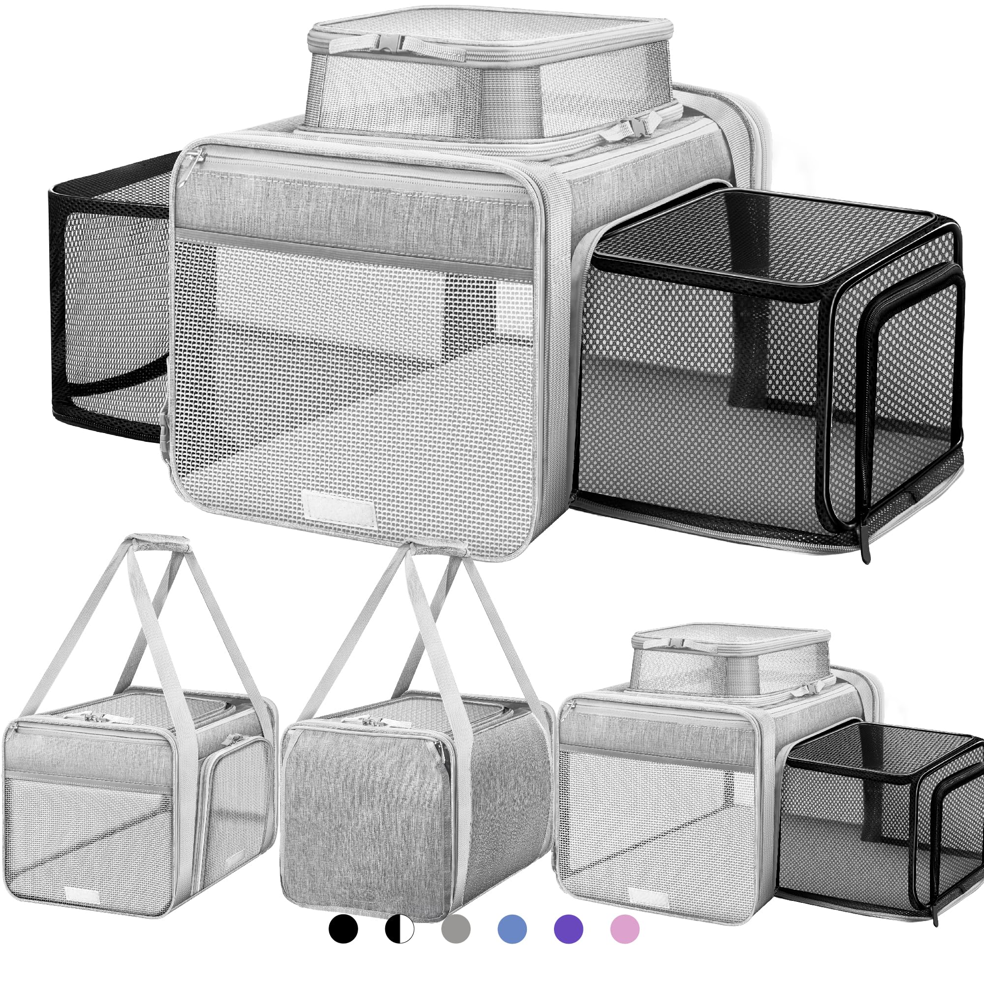 Top and 2 Sides Expandable Cat Carrier 17x11x11, TSA Airline Approved Dog Carriers for Medium Dogs, Soft-Sided Pet Carrier with Self-Locking Zippers for Kitten,Rabbit, Puppy, Guinea Pig Grey