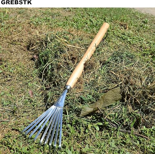 Miniatura 3 de GREBSTK Rastrillos de mano de acero inoxidable con mango de haya, rastrillo para suelo, arbustos de jardín, rastrillo de hojas, 24.5 pulgadas