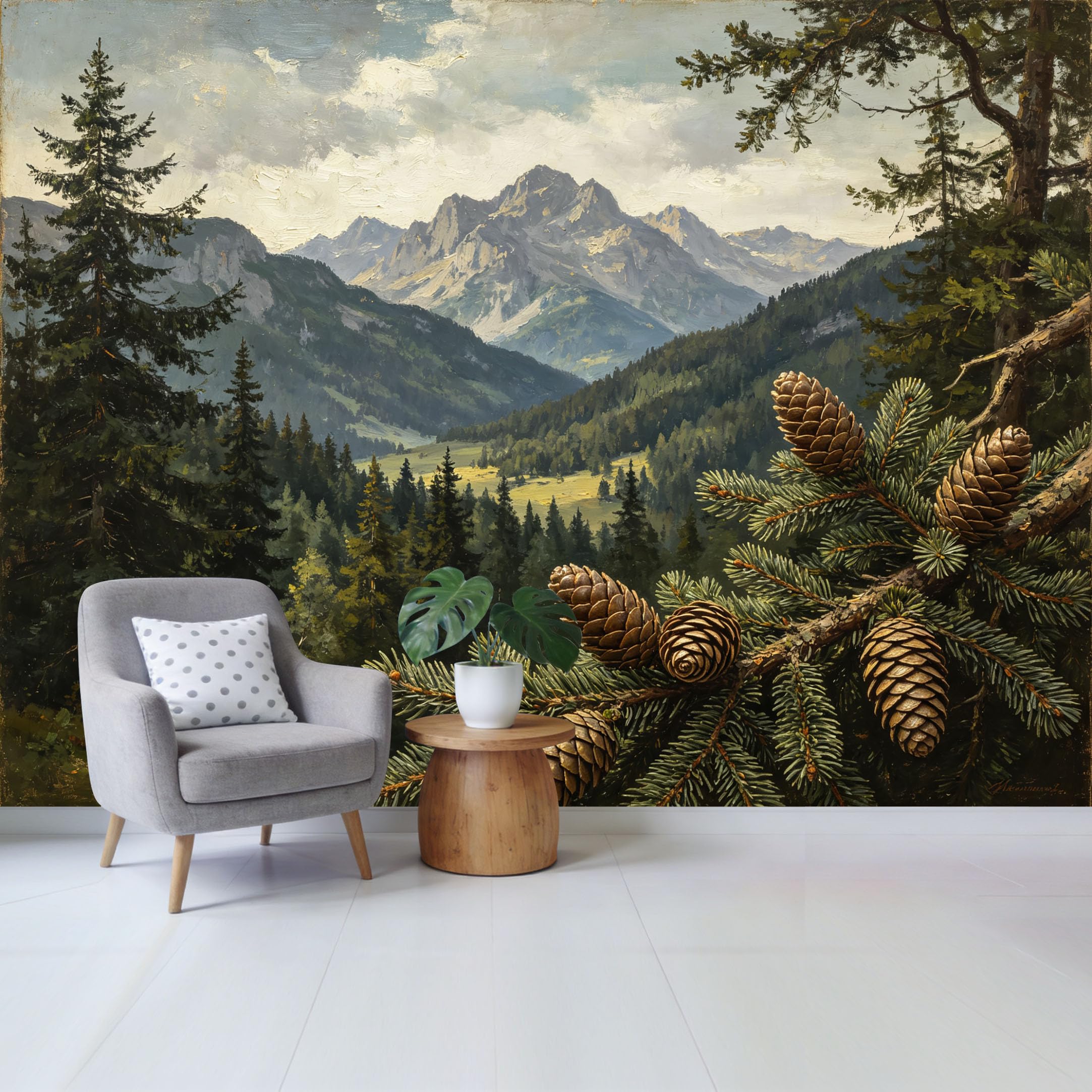 Qzlithotic Yq2605250477 Custom Size Wall Mural Majestic Alpine Mountain Forest Pine Cones Landscape Oil Painting Style Selfadhesive Wall Fabric Removable Wallpaper For Home Office Decor