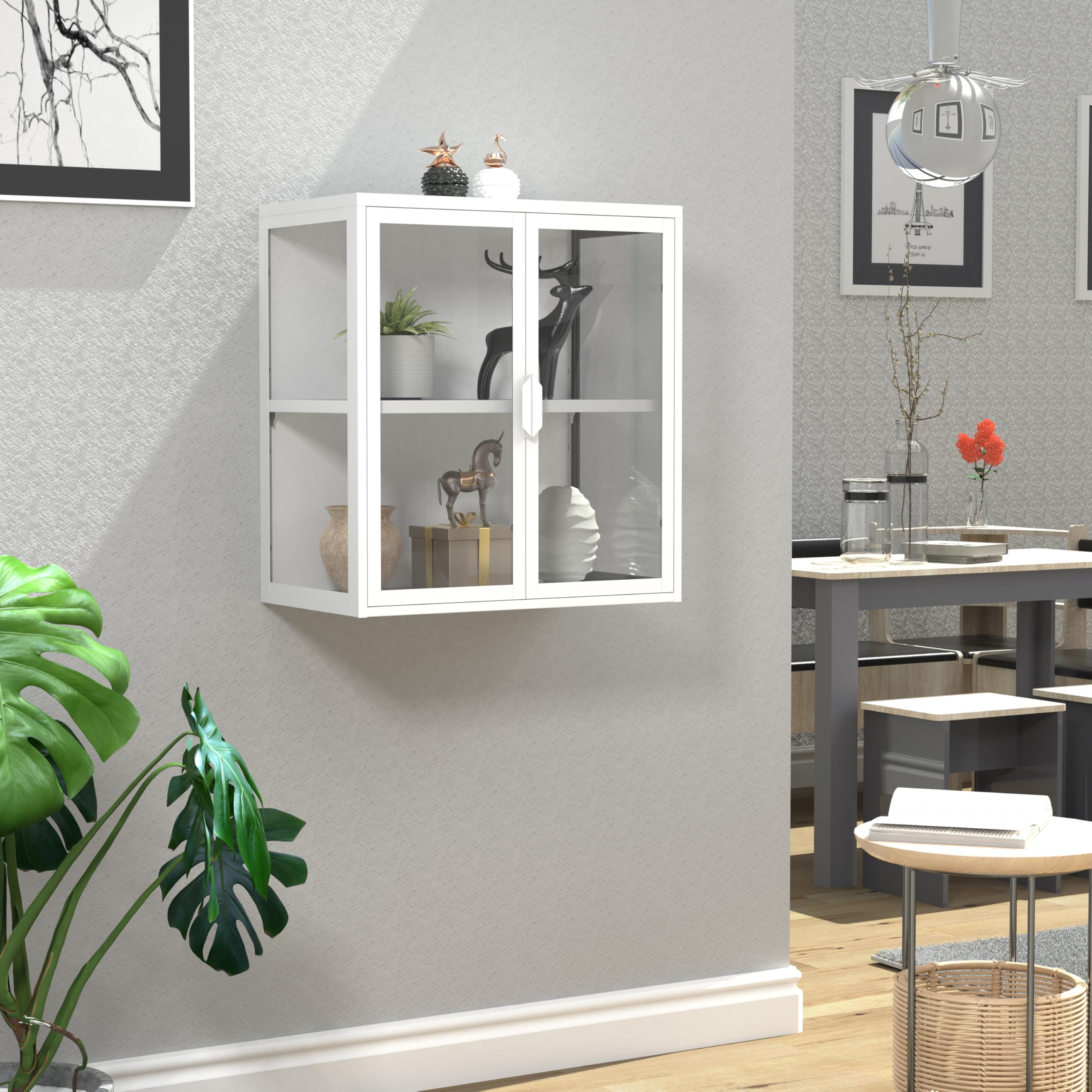 VCM Glasvitrine hängend | Vitrine Glas mit ESG-Sicherheitsglas | Maße ca. H. 65x60x35 cm | Hängevitrine Glas | Modern und platzsparend | Glas Vitrinenschrank - Flokas S