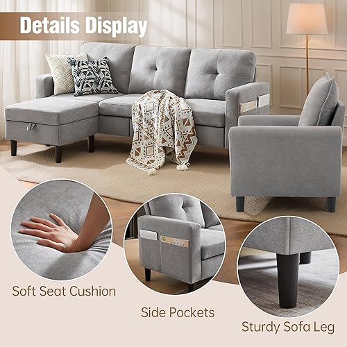 Miniatura 3 de Juego de sofá seccional de 2 piezas, juego de sofá y silla de 3 asientos con bolsillos laterales y otomana de almacenamiento móvil, moderno juego de