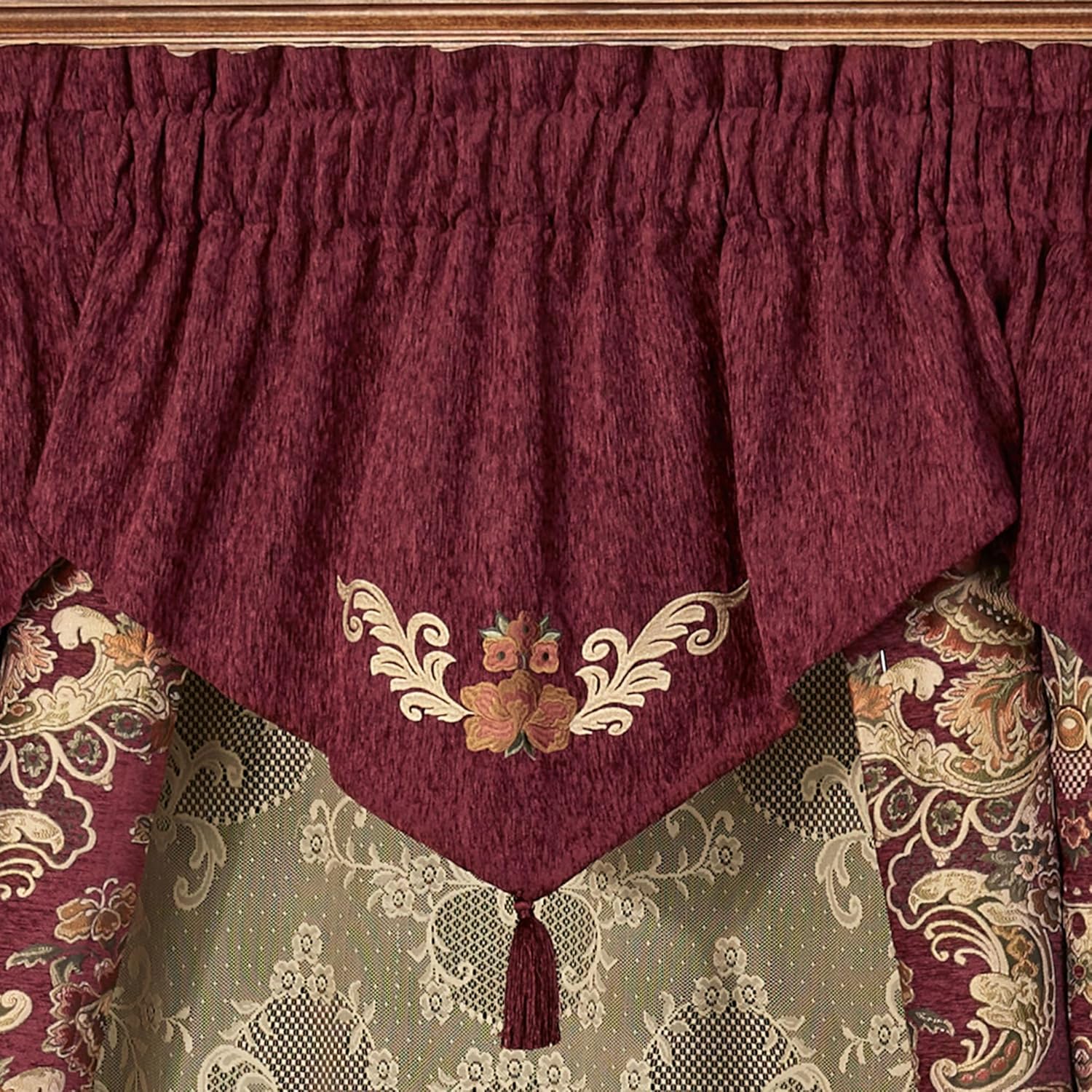 Tosca Chateau Traditional Luxury Window Treatment | Warm, Soft Burgundy Red Chenille | Colorful Woven Classic Jacobean Florals | Wide Drapery Set Includes 3 Tasseled Ascot Valances & 84L Curtain Pair