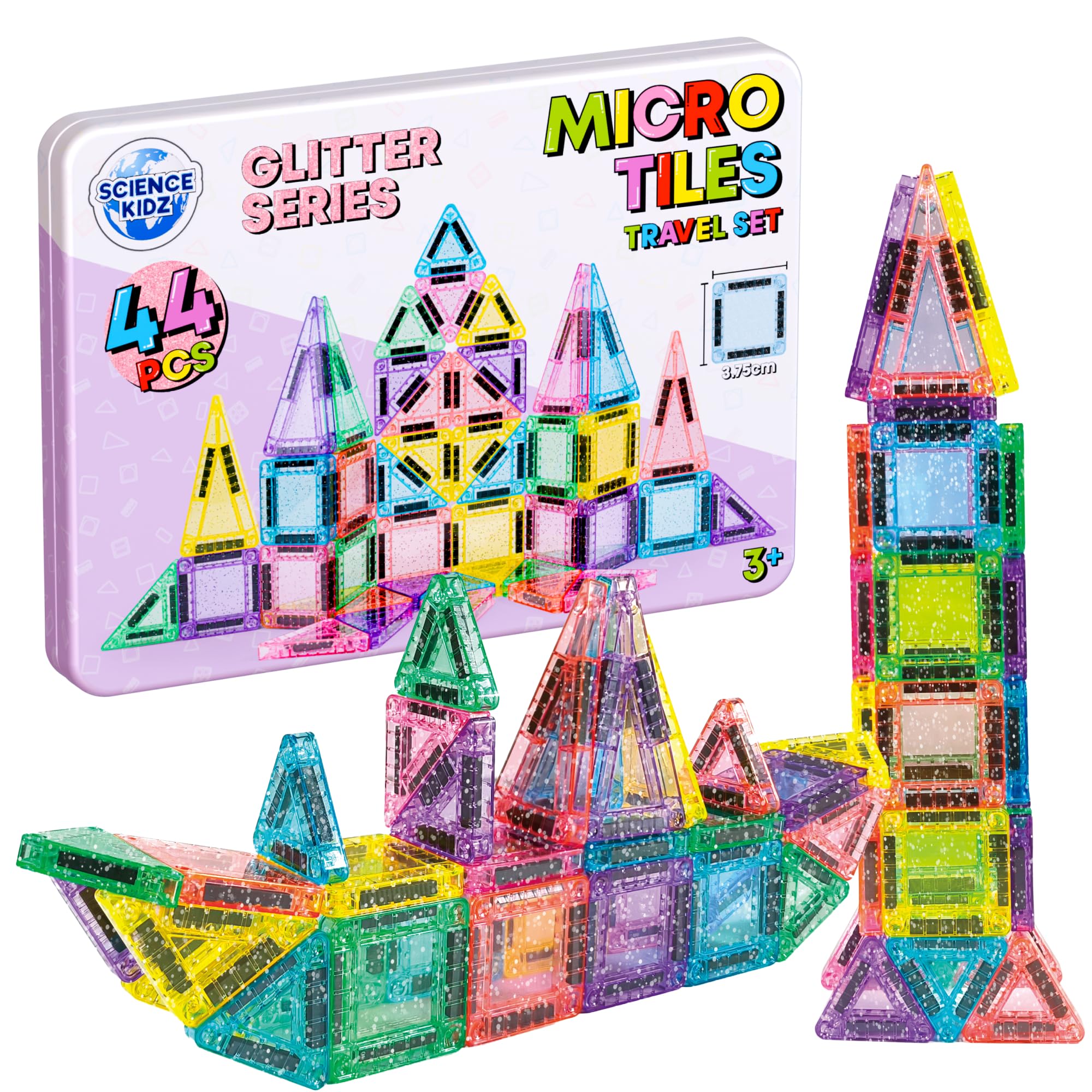 Science Kidz 44-Piece Glitter Series Mini Magnetic Tiles Travel Set, 44 Magnet Building Tiles & Storage Tin