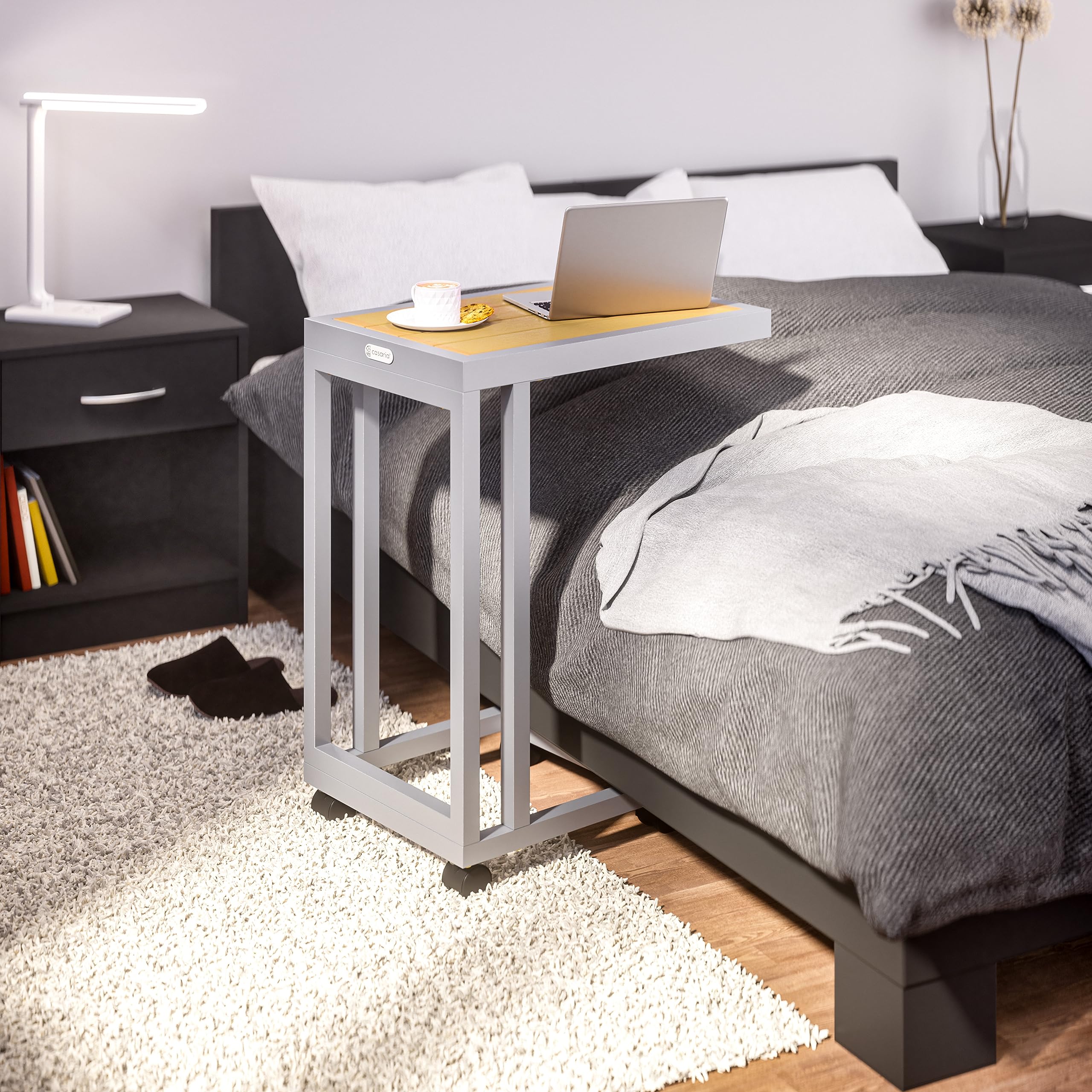 CASARIA® Mesa Auxiliar Forma C Mesita Lateral 4 Ruedas Carga 25Kg Crema